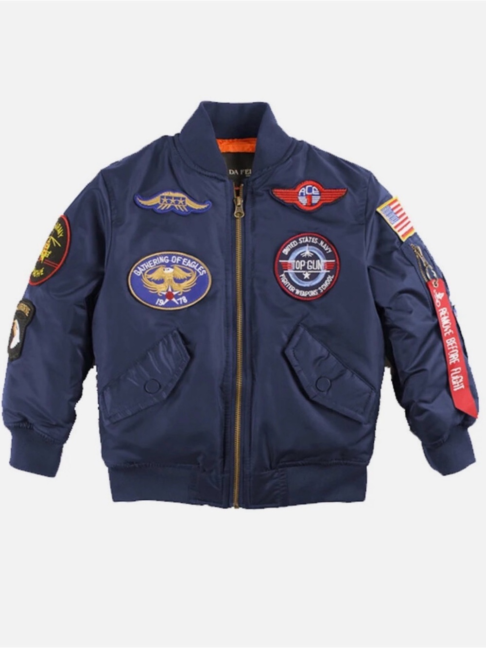 Alpha Industries Kids Navy Blue Puffer Jacket with Orange Lining and Patches